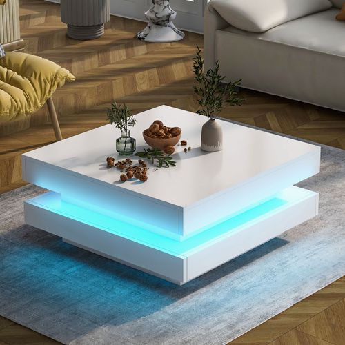 Table Basse Moderne - LED Contrôlée Par Application - Plateau Pivotant 360° - Mdf - Blanc
