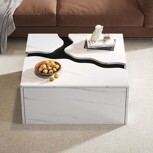 Table Basse - Design Géométrique - Avec Tiroir -plateau Effet Marbre - Multifonction - Mdf - Blanc