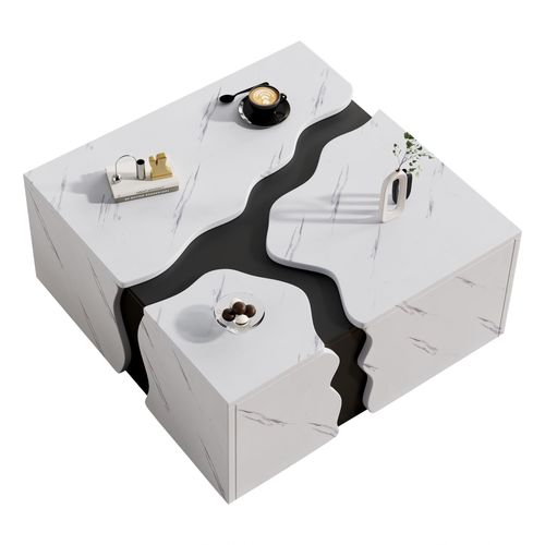 Table Basse - Design Géométrique - Avec Tiroir -plateau Effet Marbre - Multifonction - Mdf - Blanc