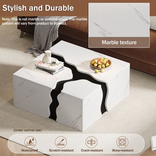 Table Basse - Design Géométrique - Avec Tiroir -plateau Effet Marbre - Multifonction - Mdf - Blanc