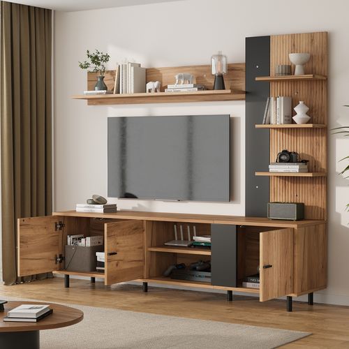 Ensemble Meuble TV - 3 Armoires - Étagères - Compatible TV 80 Pouces - Panneaux Particules - Naturel