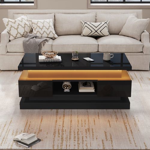 Table Basse - Plateau Relevable - LED - Rangement Intégré - 2 Tiroirs Fonctionnels - Mdf - Noir