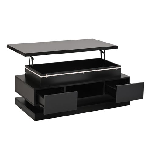 Table Basse - Plateau Relevable - LED - Rangement Intégré - 2 Tiroirs Fonctionnels - Mdf - Noir
