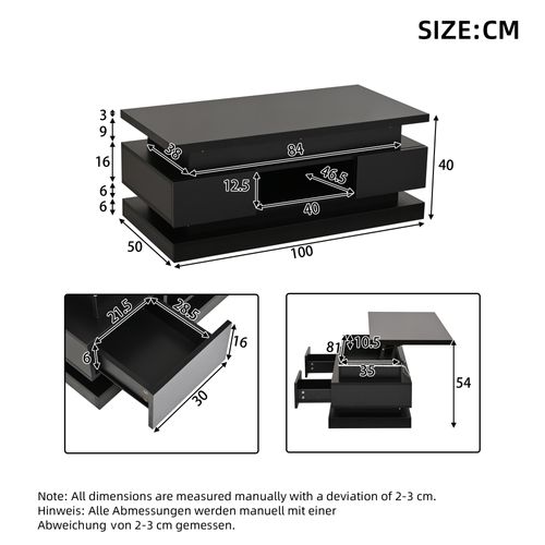 Table Basse - Plateau Relevable - LED - Rangement Intégré - 2 Tiroirs Fonctionnels - Mdf - Noir