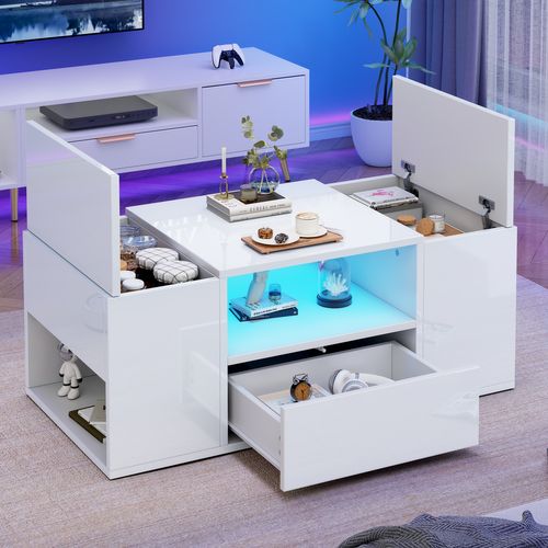 Table Basse Moderne Haute Brillance - LED - Tiroir - Espaces De Rangement Multiples - Blanc