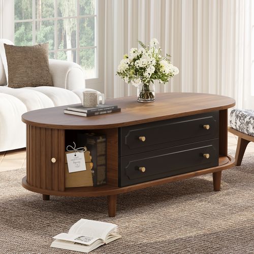 Table Basse - Rangements - 2 Tiroirs Et Portes Coulissantes - Panneau De Particules - Noyer Et Noir