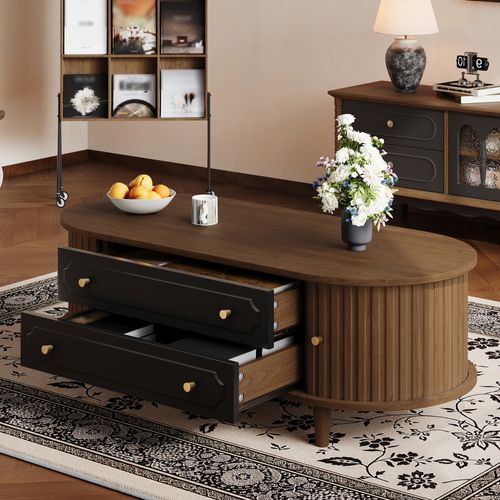 Table Basse - Rangements - 2 Tiroirs Et Portes Coulissantes - Panneau De Particules - Noyer Et Noir