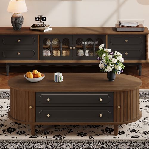 Table Basse - Rangements - 2 Tiroirs Et Portes Coulissantes - Panneau De Particules - Noyer Et Noir