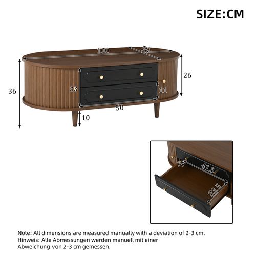 Table Basse - Rangements - 2 Tiroirs Et Portes Coulissantes - Panneau De Particules - Noyer Et Noir