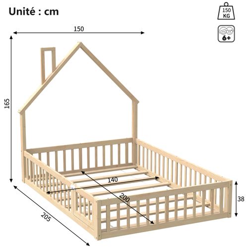 Lit Enfant 140x200 - Lit Cabane Enfant -sommier- Design Maison Avec Cheminée Décorative - Naturel