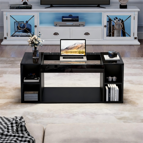 Table Basse Design - LED - Plateau En Verre Trempé - Finition Haut Brillant - Mdf - Noir