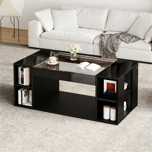 Table Basse Design - LED - Plateau En Verre Trempé - Finition Haut Brillant - Mdf - Noir