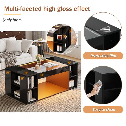 Table Basse Design - LED - Plateau En Verre Trempé - Finition Haut Brillant - Mdf - Noir