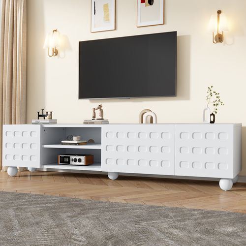 Meuble TV Design Imprimé - 3 Portes - Espaces Rangement - Panneaux Particules - Blanc