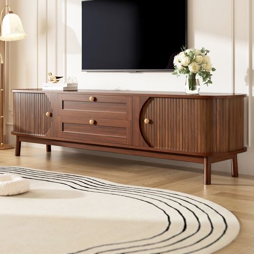 Meuble TV - Coins Arrondis - 2 Tiroirs - Portes Coulissantes - Mdf Pieds Bois - Noyer