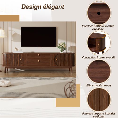 Meuble TV - Coins Arrondis - 2 Tiroirs - Portes Coulissantes - Mdf Pieds Bois - Noyer