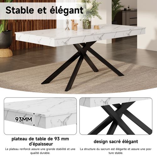 Table à Manger Rectangulaire Extensible -pieds Métal Solides -plateau Épais -6 à 8 Personnes - Blanc
