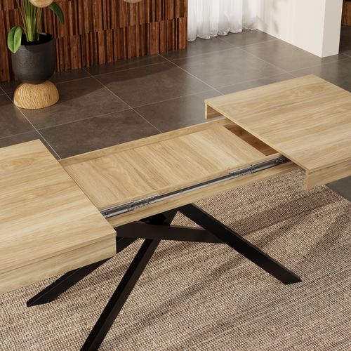 Table à Manger Rectangulaire Extensible -pieds Métal Solides -plateau Épais -6 à 8 Personnes - Chêne