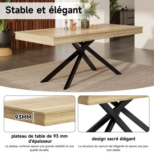 Table à Manger Rectangulaire Extensible -pieds Métal Solides -plateau Épais -6 à 8 Personnes - Chêne