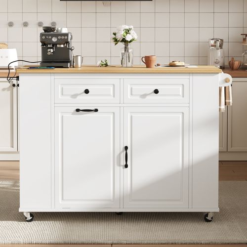 Îlot De Cuisine - Chariot De Cuisine Mobile Avec Porte-serviettes Et Prise Électrique - Mdf- Blanc