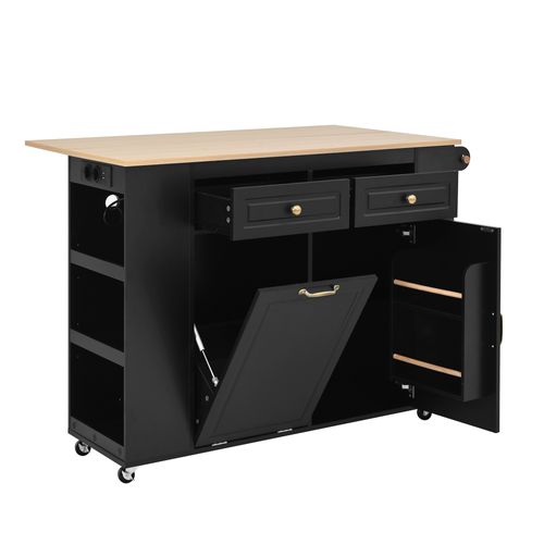 Îlot De Cuisine - Chariot De Cuisine Mobile Avec Porte-serviettes Et Prise Électrique - Mdf - Noir