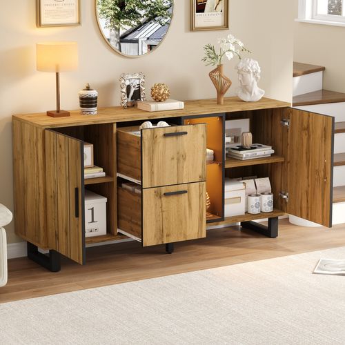 Buffet Rangement - Éclairage LED - 2 Tiroirs - 2 Portes - Mdf - Naturel + Noir