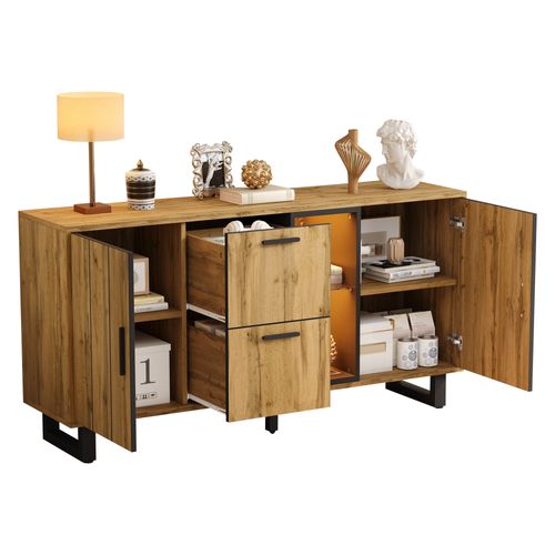 Buffet Rangement - Éclairage LED - 2 Tiroirs - 2 Portes - Mdf - Naturel + Noir