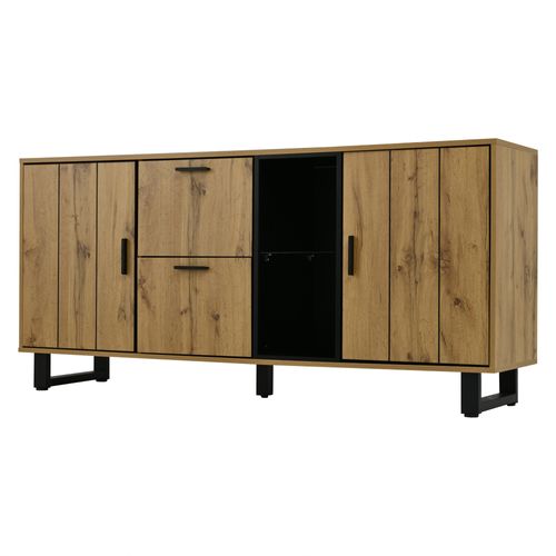 Buffet Rangement - Éclairage LED - 2 Tiroirs - 2 Portes - Mdf - Naturel + Noir