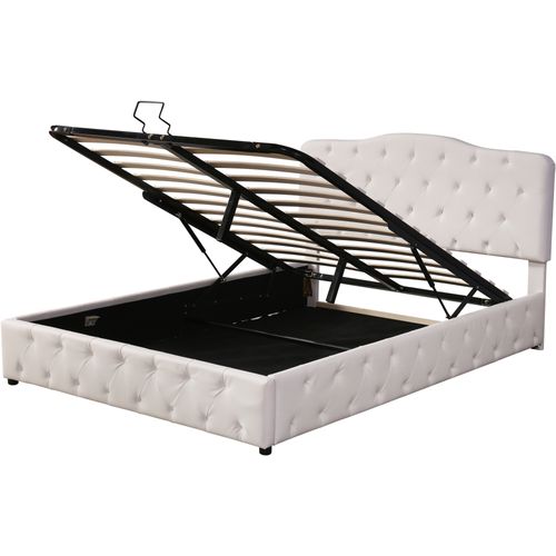 Lit Coffre 140x200 Cm Avec Sommier Relevable Hydraulique En Pu Blanc