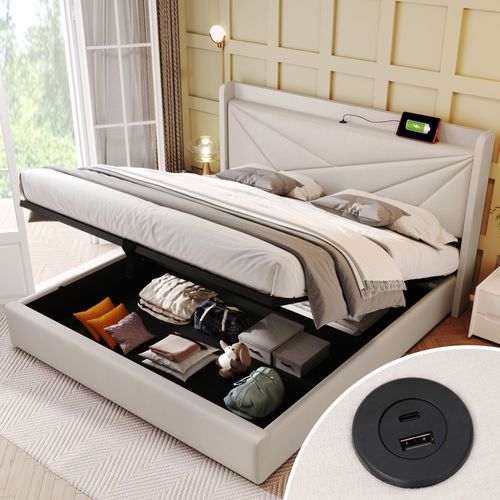 Lit Coffre 160x200 Cm Avec Structure En Métal Tissu Beige