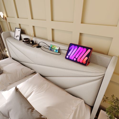 Lit Coffre 160x200 Cm Avec Structure En Métal Tissu Beige