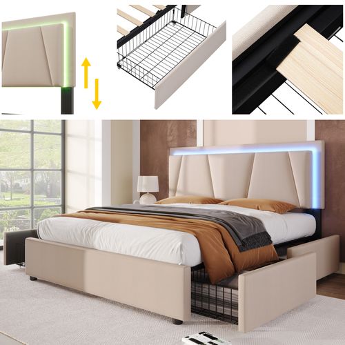 Lit Coffre 140x200 Cm Avec 4 Tiroirs Et Éclairage LED Beige