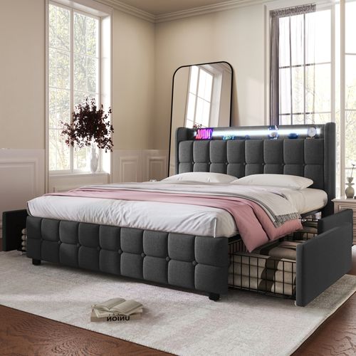 Lit Coffre 180x200 Cm Avec 4 Tiroirs Tête De Lit Avec Prises Et USB Tissu Gris