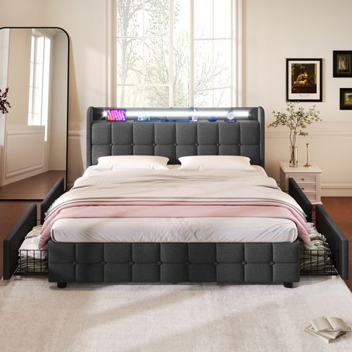 Lit Coffre 180x200 Cm Avec 4 Tiroirs Tête De Lit Avec Prises Et USB Tissu Gris