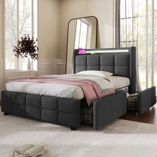 Lit Coffre 90x200 Cm Avec Structure à 2 Tiroirs Tissu Gris