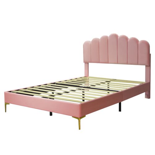 Lit Rembourré 140x200 Cm Avec Sommier à Lattes Tissu Velours Rose