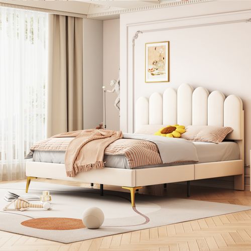 Lit Rembourré 140x200 Cm Avec Sommier à Lattes Tissu Velours Beige