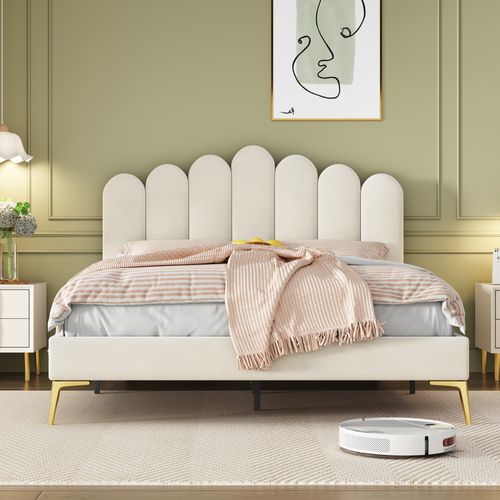 Lit Rembourré 140x200 Cm Avec Sommier à Lattes Tissu Velours Beige