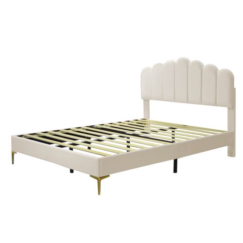 Lit Rembourré 140x200 Cm Avec Sommier à Lattes Tissu Velours Beige