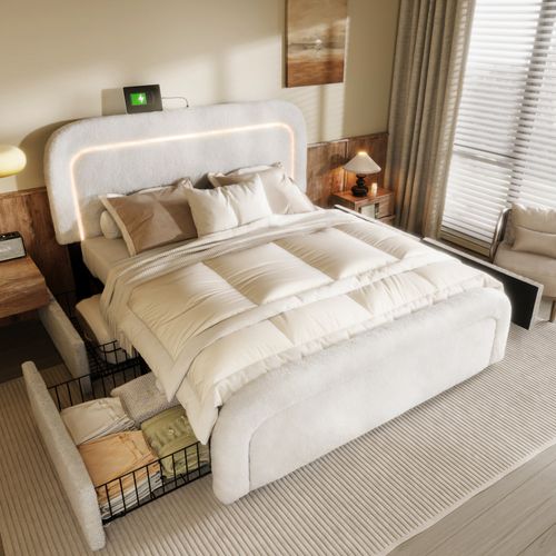 Lit Coffre 140x200 Cm Avec Structure à 4 Tiroirs Tête De Lit Réglable