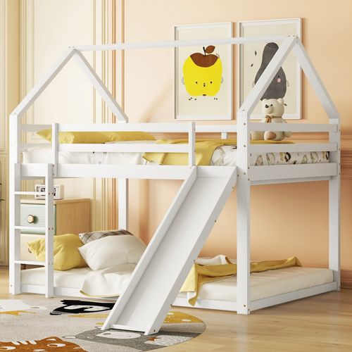 Lit Superposé Enfant 90x200cm En Bois Massif - Avec Escalier De Rangement Et Sommier A Lattes Gris 92909092