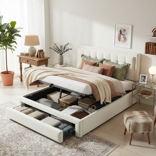 Lit Coffre 140x190 Cm Avec Sommier Relevable Velours Beige