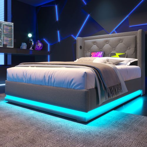 Lit enfant 90x200 Cm Avec Structure Hydraulique Tissu Gris