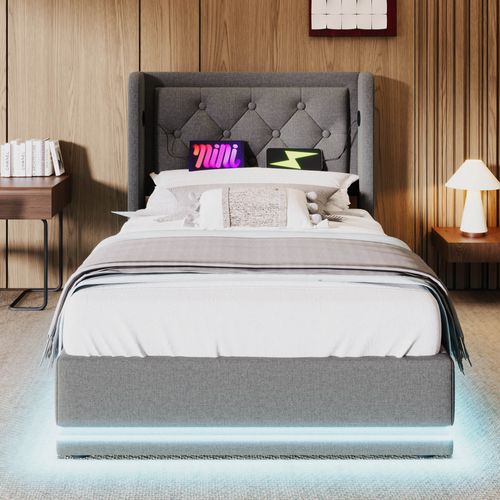 Lit enfant 90x200 Cm Avec Structure Hydraulique Tissu Gris