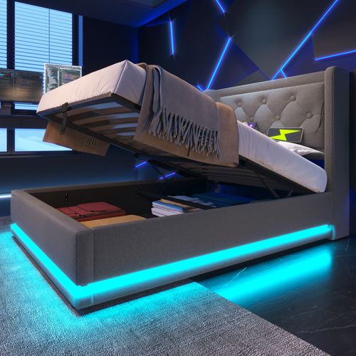 Lit enfant 90x200 Cm Avec Structure Hydraulique Tissu Gris