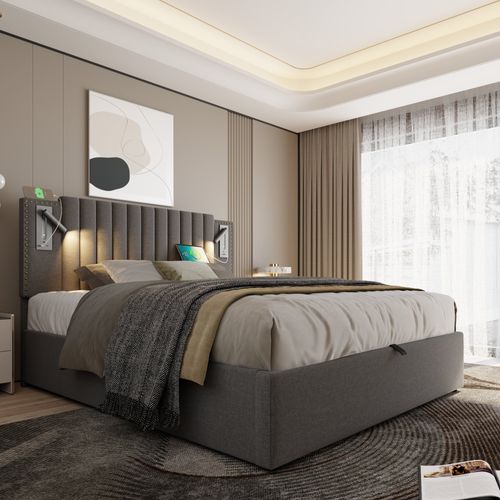 Lit Coffre 140x200 Cm Avec Sommier Relevable Tissu Gris