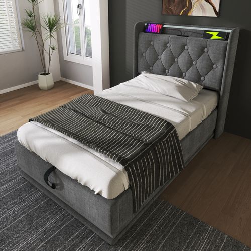 Lit Coffre 90x200 Cm Avec Sommier à Lattes LED 360° Tissu Lin Gris