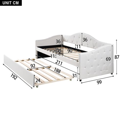 Lit Simple 90x200 Cm Avec Lit Gigogne Coulissant En Lin Beige