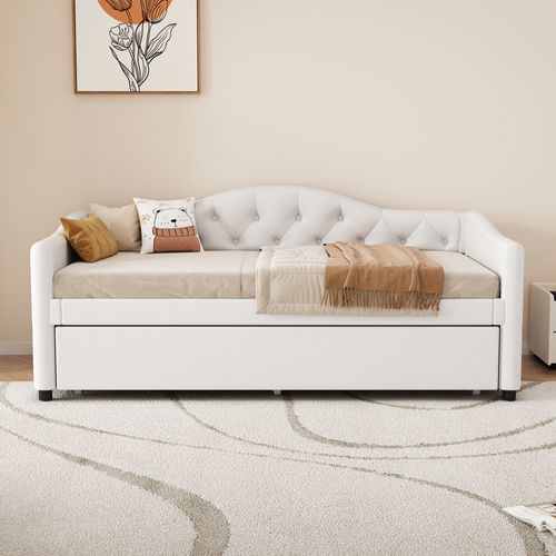 Lit Simple 90x200 Cm Avec Lit Gigogne Coulissant En Lin Beige