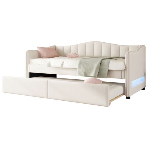 Lit Simple 90x200 Cm Avec Lit Gigogne Tête De Lit Éclairage LED Beige